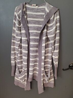 Roxy Striped Hooded Open Cardigan - Gray & White
